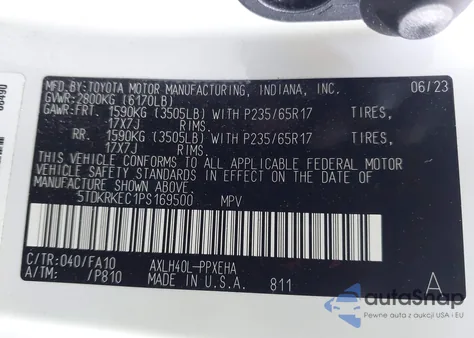 2023 Toyota Sienna Le z USA, uszkodzony, nr VIN 5TDKRKEC1PS169500